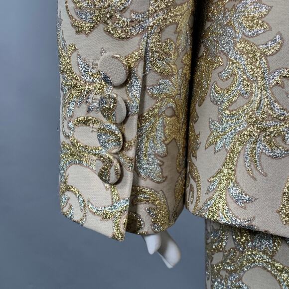 2 Metallic Gold Silver Polyamide Blend Jacquard Peak Lapel Pantsuit - Picture 7 of 16